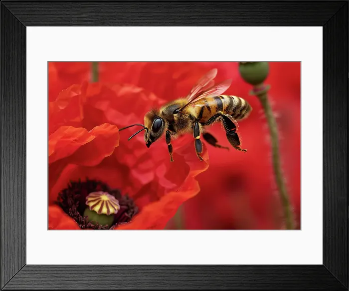 Framed Print : AI generated image of a Honeybee foraging a red poppy Framed Print : AI generated image of a Honeybee foraging a red poppy