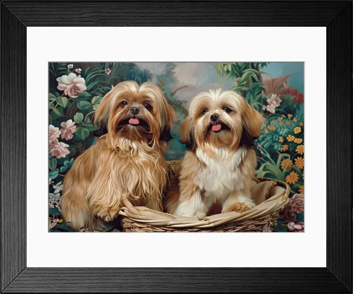Framed Print : AI generated image of Two cute Lahsa Apso pups in a wicker basket and looking ahead Framed Print : AI generated image of Two cute Lahsa Apso pups in a wicker basket and looking ahead
