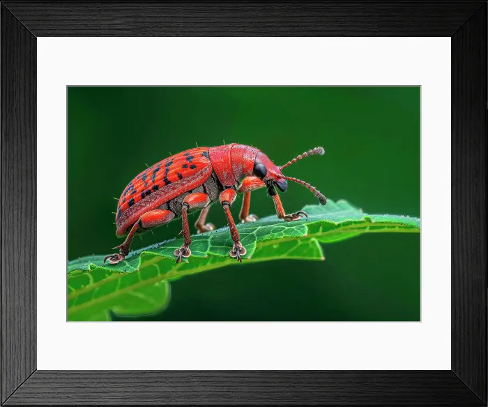 Framed Print : AI generated image of a Stylized red giraffe weevil on a green leaf Framed Print : AI generated image of a Stylized red giraffe weevil on a green leaf