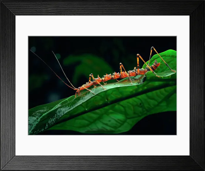 Framed Print : AI generated image of a Stylized red stick insect on a green leaf Framed Print : AI generated image of a Stylized red stick insect on a green leaf