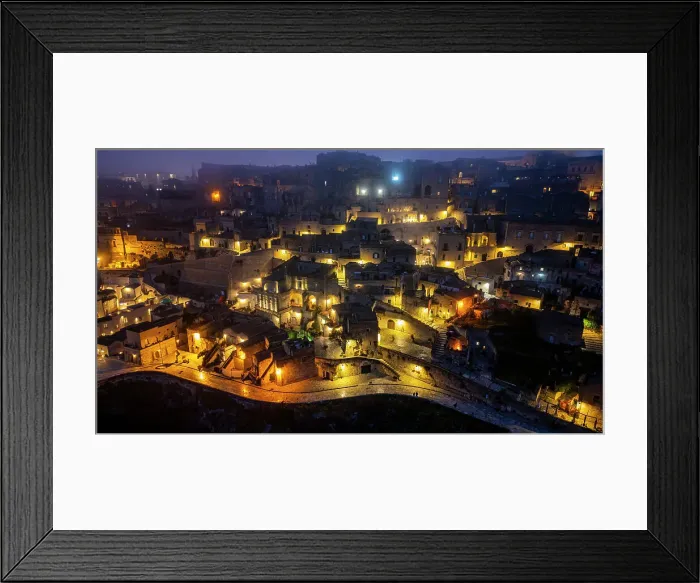 Framed Print : Aerial of Sassi di Matera at night, UNESCO World Heritage Site, Basilicata, Italy, Europe Framed Print : Aerial of Sassi di Matera at night, UNESCO World Heritage Site, Basilicata, Italy, Europe