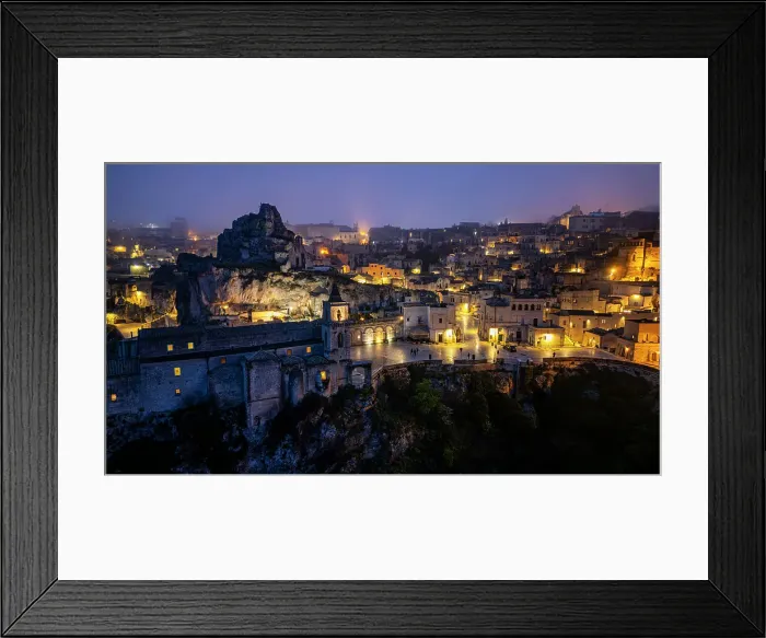 Framed Print : Aerial of Sassi di Matera at night, UNESCO World Heritage Site, Basilicata, Italy, Europe Framed Print : Aerial of Sassi di Matera at night, UNESCO World Heritage Site, Basilicata, Italy, Europe