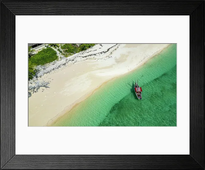 Framed Print : Aerial of a traditional Dhow on a white sand beach, Goa island near the Island of Mozambique, Mozambique, Africa Framed Print : Aerial of a traditional Dhow on a white sand beach, Goa island near the Island of Mozambique, Mozambique, Africa