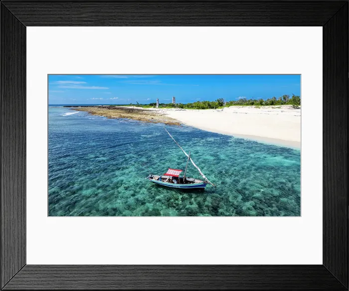 Framed Print : Aerial of a traditional Dhow on a white sand beach, Goa island near the Island of Mozambique, Mozambique, Africa Framed Print : Aerial of a traditional Dhow on a white sand beach, Goa island near the Island of Mozambique, Mozambique, Africa