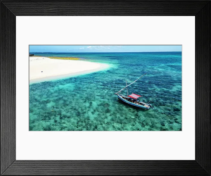 Framed Print : Aerial of a traditional Dhow on a white sand beach, Goa island near the Island of Mozambique, Mozambique, Africa Framed Print : Aerial of a traditional Dhow on a white sand beach, Goa island near the Island of Mozambique, Mozambique, Africa