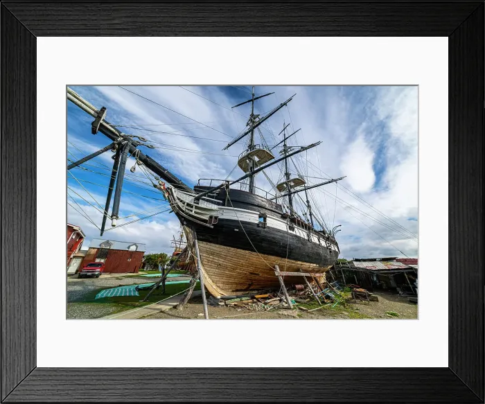 Framed Print : Replica of historic ship, Nao Victoria Museo, Shoreline of Punta Arenas, Patagonia, Chile, South America Framed Print : Replica of historic ship, Nao Victoria Museo, Shoreline of Punta Arenas, Patagonia, Chile, South America