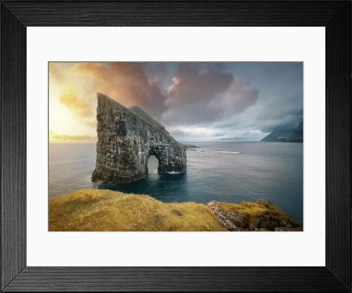 Framed Print : Sunset at Drangarnir, the famous sea stack in Vagar island, Faroe Islands, Denmark, North Atlantic, Europe Framed Print : Sunset at Drangarnir, the famous sea stack in Vagar island, Faroe Islands, Denmark, North Atlantic, Europe