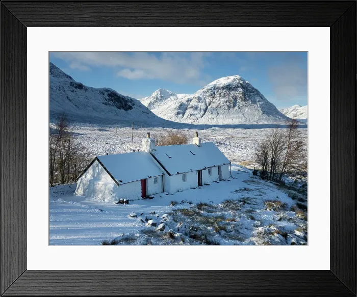 Framed Print : Black Rock Cottage and Stob Dearg (Buachaille Etive Mor) in winter, Rannoch Moor, Argyll and Bute, Scottish Highlands, Scotland, United Kingdom, Europe