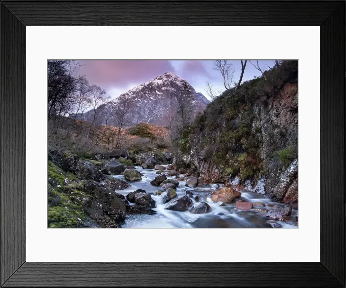 Framed Print : River Coupall and Stob Dearg (Buachaille Etive Mor) in winter, Glen Etive, Rannoch Moor, Argyll and Bute, Scottish Highlands, Scotland, United Kingdom, Europe