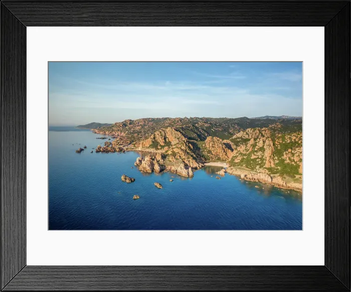 Framed Print : Drone aerial view of Costa Paradiso golden cliff landscape, Sardinia, Italy, Mediterranean, Europe Framed Print : Drone aerial view of Costa Paradiso golden cliff landscape, Sardinia, Italy, Mediterranean, Europe