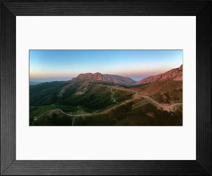Framed Print : Aerial drone panoramic view of a camper van on a mountain road at sunset, Sardinia, Italy, Mediterranean, Europe Framed Print : Aerial drone panoramic view of a camper van on a mountain road at sunset, Sardinia, Italy, Mediterranean, Europe