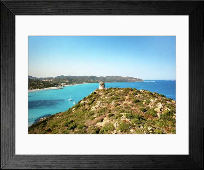 Framed Print : Aerial drone view of historic tower with Porto Giunco beach with white sand and turquoise water, Sardinia, Italy, Mediterranean, Europe Framed Print : Aerial drone view of historic tower with Porto Giunco beach with white sand and turquoise water, Sardinia, Italy, Mediterranean, Europe