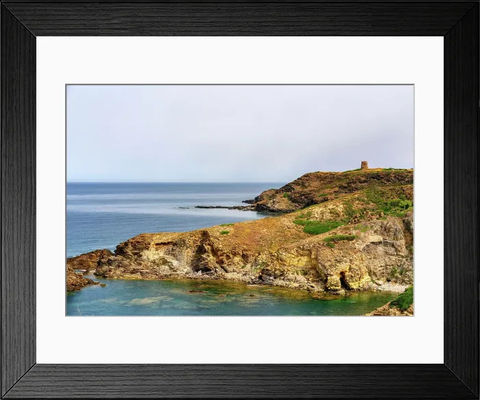 Framed Print : Portu su Gaurru wild beach in the coast of Sardinia with historic tower on the top of the cliff, Sardinia, Italy, Mediterranean, Europe Framed Print : Portu su Gaurru wild beach in the coast of Sardinia with historic tower on the top of the cliff, Sardinia, Italy, Mediterranean, Europe