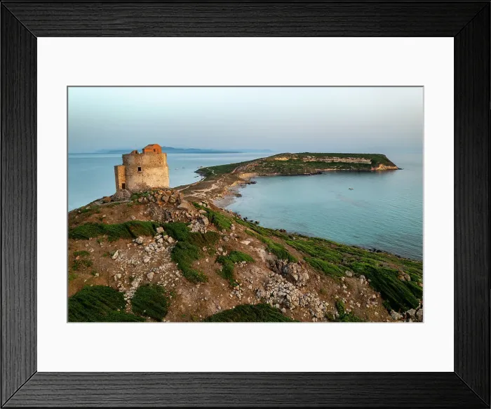 Framed Print : San Giovanni di Sinis historic tower, drone aerial view of San Marco Cape at sunset, Sardinia, Italy, Mediterranean, Europe Framed Print : San Giovanni di Sinis historic tower, drone aerial view of San Marco Cape at sunset, Sardinia, Italy, Mediterranean, Europe