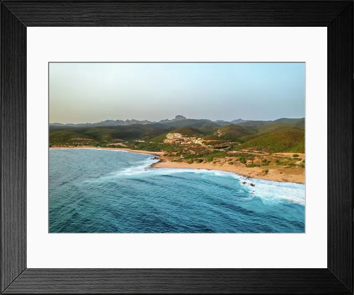 Framed Print : Portu Maga village on the Costa Verde (Green Coast) of Sardinia, aerial drone at sunset, Sardinia, Italy, Mediterranean, Europe Framed Print : Portu Maga village on the Costa Verde (Green Coast) of Sardinia, aerial drone at sunset, Sardinia, Italy, Mediterranean, Europe