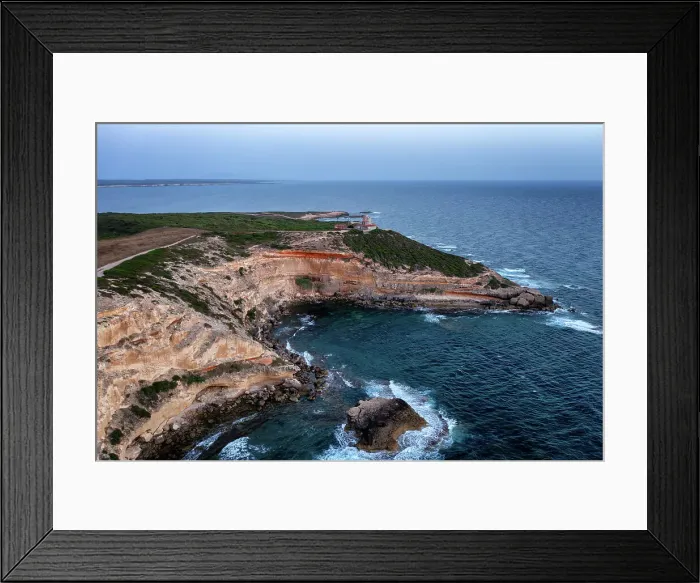Framed Print : Lighthouse on Mannu Cape wild coast of Sardinia, aerial drone view at sunset, Sardinia, Italy, Mediterranean, Europe Framed Print : Lighthouse on Mannu Cape wild coast of Sardinia, aerial drone view at sunset, Sardinia, Italy, Mediterranean, Europe
