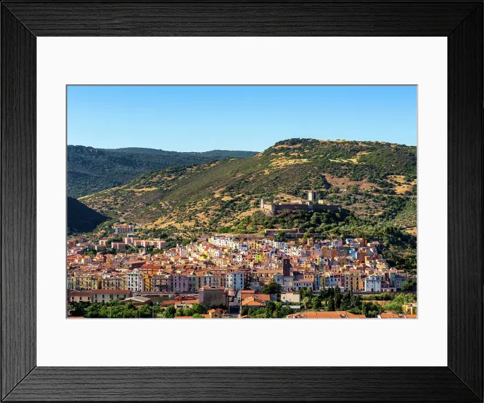 Framed Print : Bosa colorful city with castle on top of the hill seen from outside of the city, Bosa, Sardinia, Italy, Mediterranean, Europe Framed Print : Bosa colorful city with castle on top of the hill seen from outside of the city, Bosa, Sardinia, Italy, Mediterranean, Europe