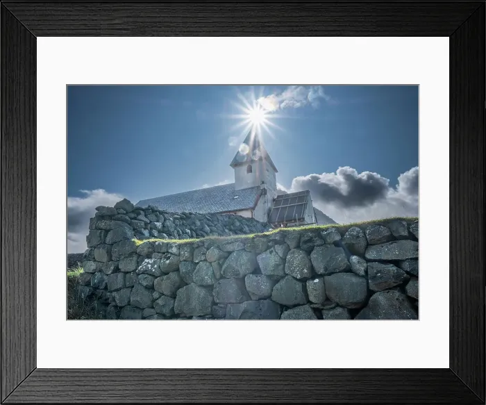 Framed Print : Vioareioi Church and the sun aligned with bell tower, Faroe Islands, Denmark, North Atlantic, Europe Framed Print : Vioareioi Church and the sun aligned with bell tower, Faroe Islands, Denmark, North Atlantic, Europe