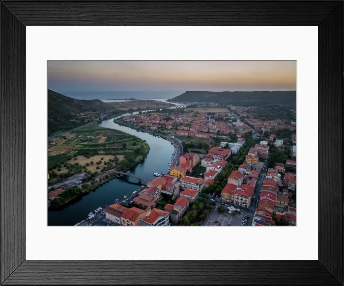 Framed Print : Bosa colorful city buildings, aerial drone view with Temo river and Mediterranean Sea at sunset, Bosa, Sardinia, Italy, Mediterranean, Europe Framed Print : Bosa colorful city buildings, aerial drone view with Temo river and Mediterranean Sea at sunset, Bosa, Sardinia, Italy, Mediterranean, Europe