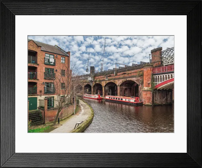 Framed Print : Castlefield neighbourhood canals with moored cruise narrowboats on the waterfront, Manchester, England, United Kingdom, Europe Framed Print : Castlefield neighbourhood canals with moored cruise narrowboats on the waterfront, Manchester, England, United Kingdom, Europe