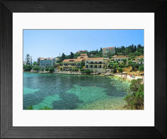 Framed Print : Fiscardo village of low rise houses with red tiles rooftops by a beach with bathers, Fiscardo, Kefalonia, Ionian Island, Greek Islands, Greece, Europe Framed Print : Fiscardo village of low rise houses with red tiles rooftops by a beach with bathers, Fiscardo, Kefalonia, Ionian Island, Greek Islands, Greece, Europe