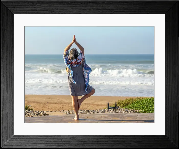 Framed Print : Woman performing yoga Tree pose, Vrikshasanayoga, Atlantic Ocean, Morocco, North Africa, Africa Framed Print : Woman performing yoga Tree pose, Vrikshasanayoga, Atlantic Ocean, Morocco, North Africa, Africa