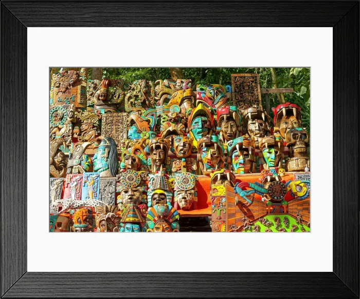 Framed Print : Souvenir wooden carved face masks on sale, Mayan ruins, Chichen Itza, Yucatan, Mexico, North America Framed Print : Souvenir wooden carved face masks on sale, Mayan ruins, Chichen Itza, Yucatan, Mexico, North America