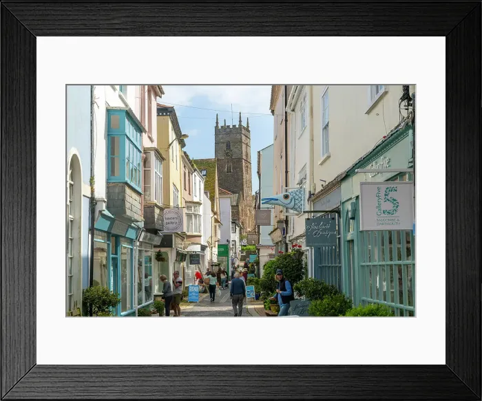 Framed Print : Shops in historic buildings along alleyway with tower of church of St. Saviour, Foss Street, Dartmouth, Devon, England, United Kingdom, Europe Framed Print : Shops in historic buildings along alleyway with tower of church of St. Saviour, Foss Street, Dartmouth, Devon, England, United Kingdom, Europe