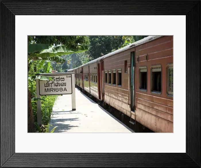 Framed Print : Train at station platform, Mirissa, Matara District, Southern Province, Sri Lanka, Asia