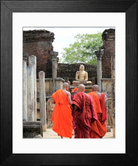 Framed Print : Buddhist monks in front of seated Buddha in Vatadage building, The Quadrangle, ancient city of Polonnaruwa, UNESCO World Heritage Site, Sri Lanka, Asia Framed Print : Buddhist monks in front of seated Buddha in Vatadage building, The Quadrangle, ancient city of Polonnaruwa, UNESCO World Heritage Site, Sri Lanka, Asia