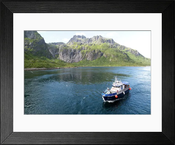 Framed Print : Small tourist boat in mountainous fiord landscape, Raftsundet Strait, Nordland, northern Norway, Scandinavia, Europe Framed Print : Small tourist boat in mountainous fiord landscape, Raftsundet Strait, Nordland, northern Norway, Scandinavia, Europe