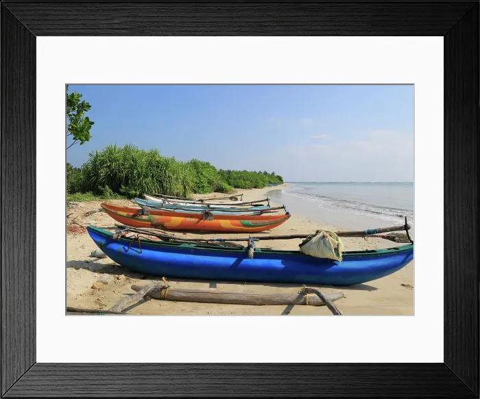 Framed Print : Outrigger fishing canoes on tropical beach at Pasikudah Bay, Eastern Province, Sri Lanka, Asia Framed Print : Outrigger fishing canoes on tropical beach at Pasikudah Bay, Eastern Province, Sri Lanka, Asia