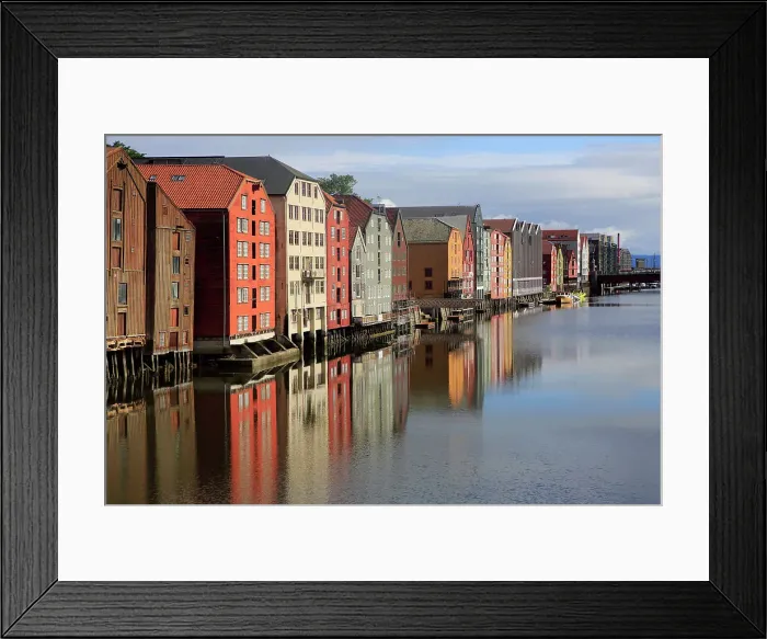 Framed Print : Historic waterside warehouse buildings on River Nidelva, Bryggene, Trondheim, Norway, Scandinavia, Europe Framed Print : Historic waterside warehouse buildings on River Nidelva, Bryggene, Trondheim, Norway, Scandinavia, Europe