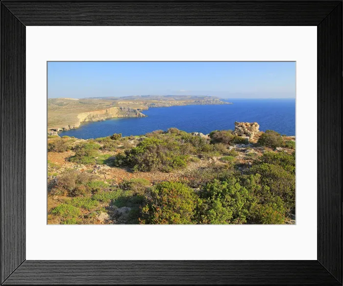 Framed Print : Coastal scenery vegetation, blue sea looking south from Res il-Qammieh, Marfa Peninsula, Republic of Malta, Mediterranean, Europe Framed Print : Coastal scenery vegetation, blue sea looking south from Res il-Qammieh, Marfa Peninsula, Republic of Malta, Mediterranean, Europe
