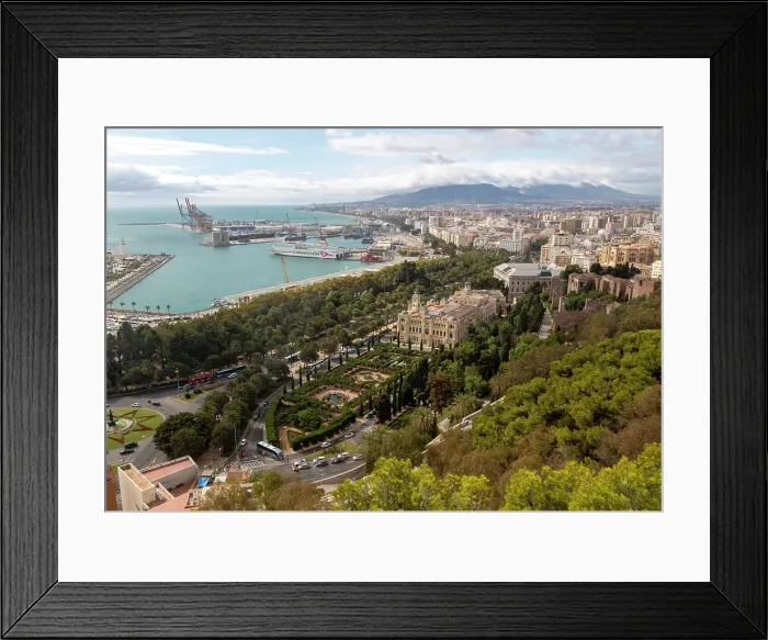 Framed Print : Cityscape view over city centre and dock area with Trasmediterranea ferry in port and city hall (Ayuntamiento) in centre, Malaga, Andalusia, Spain, Europe Framed Print : Cityscape view over city centre and dock area with Trasmediterranea ferry in port and city hall (Ayuntamiento) in centre, Malaga, Andalusia, Spain, Europe