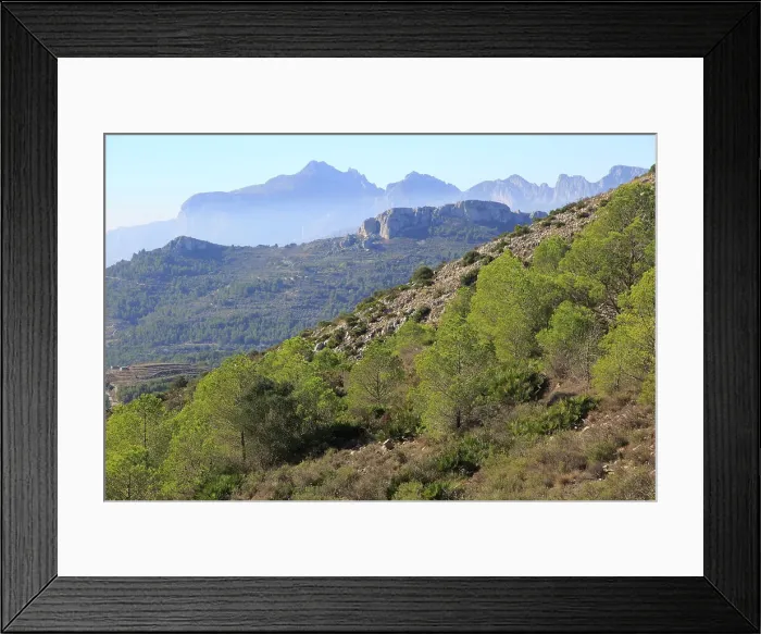 Framed Print : Mountain peaks landscape from Coll de Rates, looking west, Tarbena, Marina Alta, Alicante province, Spain, Europe Framed Print : Mountain peaks landscape from Coll de Rates, looking west, Tarbena, Marina Alta, Alicante province, Spain, Europe