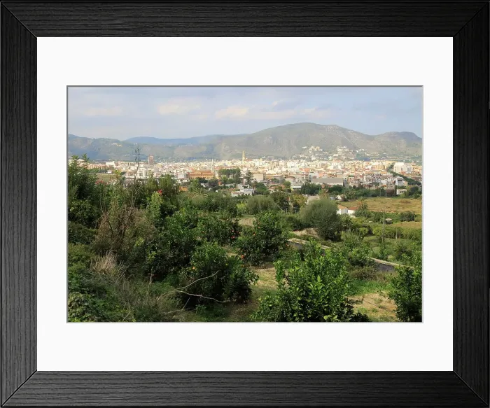 Framed Print : View over orange trees to town of Pego, Marina Alta, Alicante province, Spain, Europe Framed Print : View over orange trees to town of Pego, Marina Alta, Alicante province, Spain, Europe