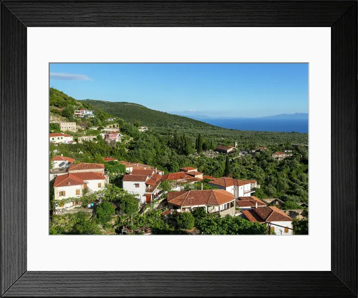 Framed Print : View over rooftops of homes in village of Vuno, towards Ionian Sea, near Himare, Albania, Europe Framed Print : View over rooftops of homes in village of Vuno, towards Ionian Sea, near Himare, Albania, Europe