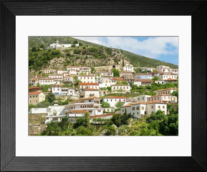 Framed Print : View of whitewashed buildings on mountainside, village of Dhermi, Albania, Europe Framed Print : View of whitewashed buildings on mountainside, village of Dhermi, Albania, Europe
