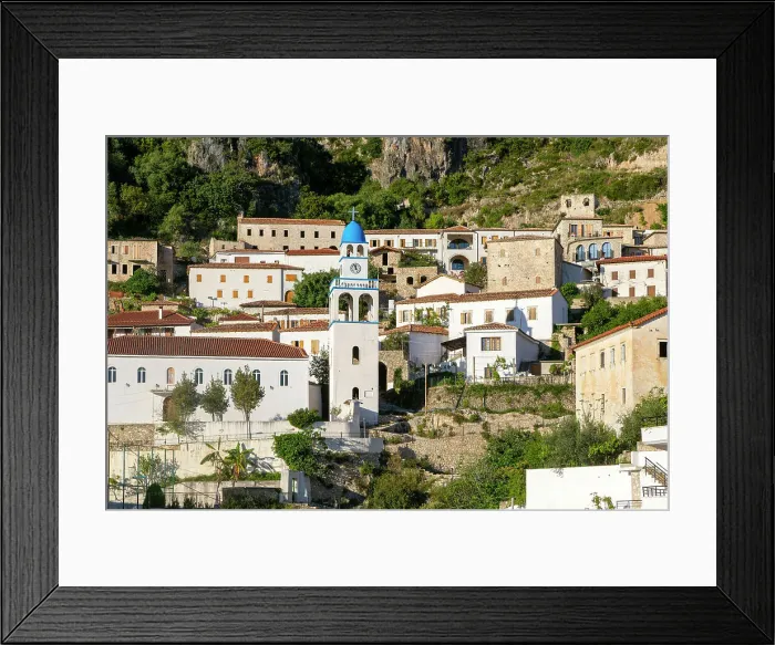 Framed Print : View of whitewashed buildings on mountainside, village of Dhermi, Albania, Europe Framed Print : View of whitewashed buildings on mountainside, village of Dhermi, Albania, Europe