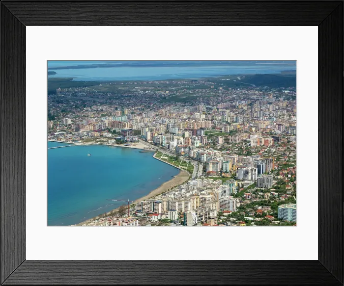 Framed Print : Oblique aerial view of city of Vlore, Albania, Europe Framed Print : Oblique aerial view of city of Vlore, Albania, Europe