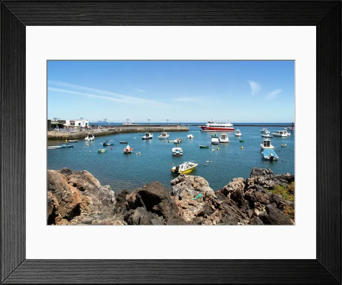 Framed Print : Harbour and ferry boat in the fishing village of Orzola, Lanzarote, Canary Islands, Spain, Atlantic, Europe Framed Print : Harbour and ferry boat in the fishing village of Orzola, Lanzarote, Canary Islands, Spain, Atlantic, Europe