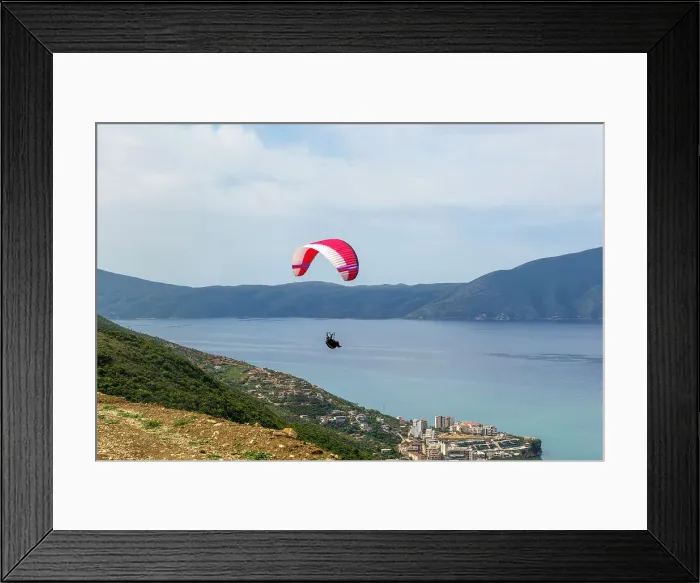 Framed Print : Paraglider taking off from mountainside above the Adriatic Sea at Vlore, Albania, Europe Framed Print : Paraglider taking off from mountainside above the Adriatic Sea at Vlore, Albania, Europe