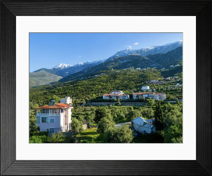 Framed Print : Snow capped peaks including Mount Cika rising above hillside village, Palase, near Dhermi, Albania, Europe Framed Print : Snow capped peaks including Mount Cika rising above hillside village, Palase, near Dhermi, Albania, Europe