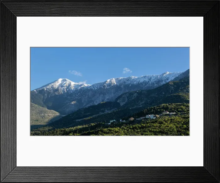 Framed Print : Snow capped peaks including Mount Cika rising above hillside village, Palase, near Dhermi, Albania, Europe Framed Print : Snow capped peaks including Mount Cika rising above hillside village, Palase, near Dhermi, Albania, Europe