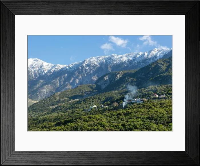 Framed Print : Snow capped peaks including Mount Cika rising above hillside village, Palase, near Dhermi, Albania, Europe Framed Print : Snow capped peaks including Mount Cika rising above hillside village, Palase, near Dhermi, Albania, Europe