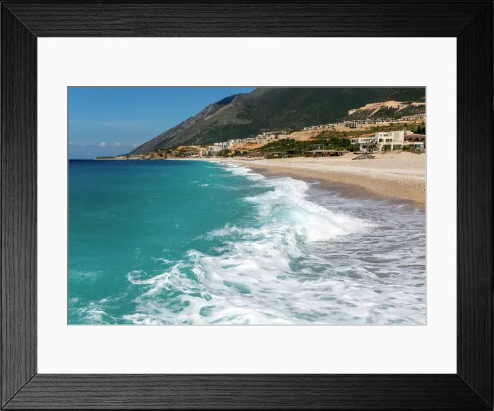 Framed Print : Ionian Sea, Drymades Beach, with large scale tourist development construction building work in the distance, Albanian Riviera, Dhermi, Albania, Europe Framed Print : Ionian Sea, Drymades Beach, with large scale tourist development construction building work in the distance, Albanian Riviera, Dhermi, Albania, Europe
