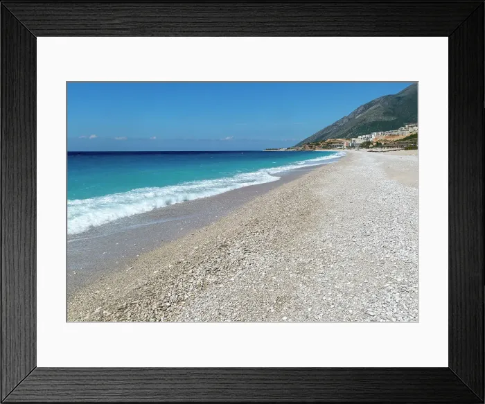 Framed Print : Ionian Sea, Drymades Beach, with large scale tourist development construction building work in the distance, Albanian Riviera, Dhermi, Albania, Europe Framed Print : Ionian Sea, Drymades Beach, with large scale tourist development construction building work in the distance, Albanian Riviera, Dhermi, Albania, Europe