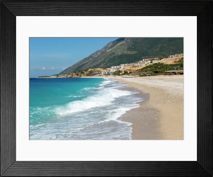 Framed Print : Ionian Sea, Drymades Beach, with large scale tourist development construction building work in the distance, Albanian Riviera, Dhermi, Albania, Europe Framed Print : Ionian Sea, Drymades Beach, with large scale tourist development construction building work in the distance, Albanian Riviera, Dhermi, Albania, Europe