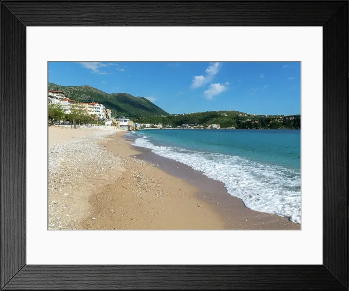 Framed Print : Turquoise blue sea at town beach of Himare, Albanian Riviera, Albania, Europe